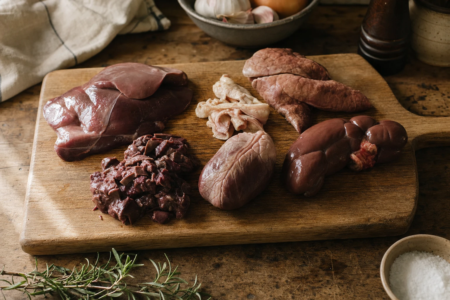 Array of different organ meats on a cutting board