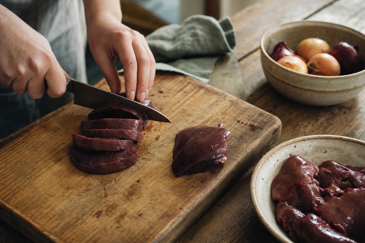 Sliced heart or spleen on wooden board