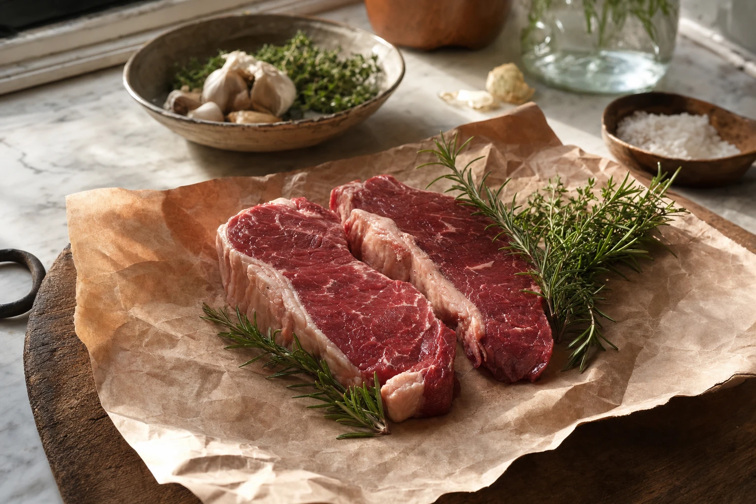 Raw grass-fed beef steak on butcher paper with herbs