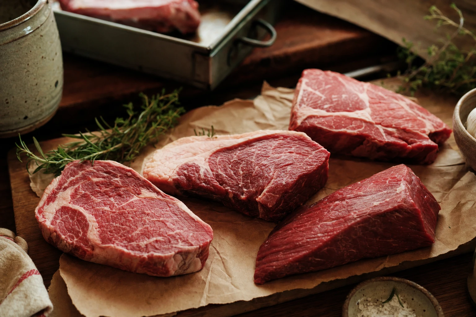 Raw beef cuts showing marbling and texture