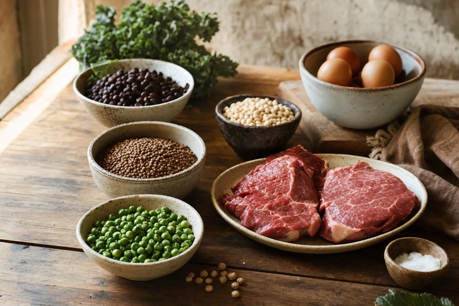 Plant protein sources and beef side by side