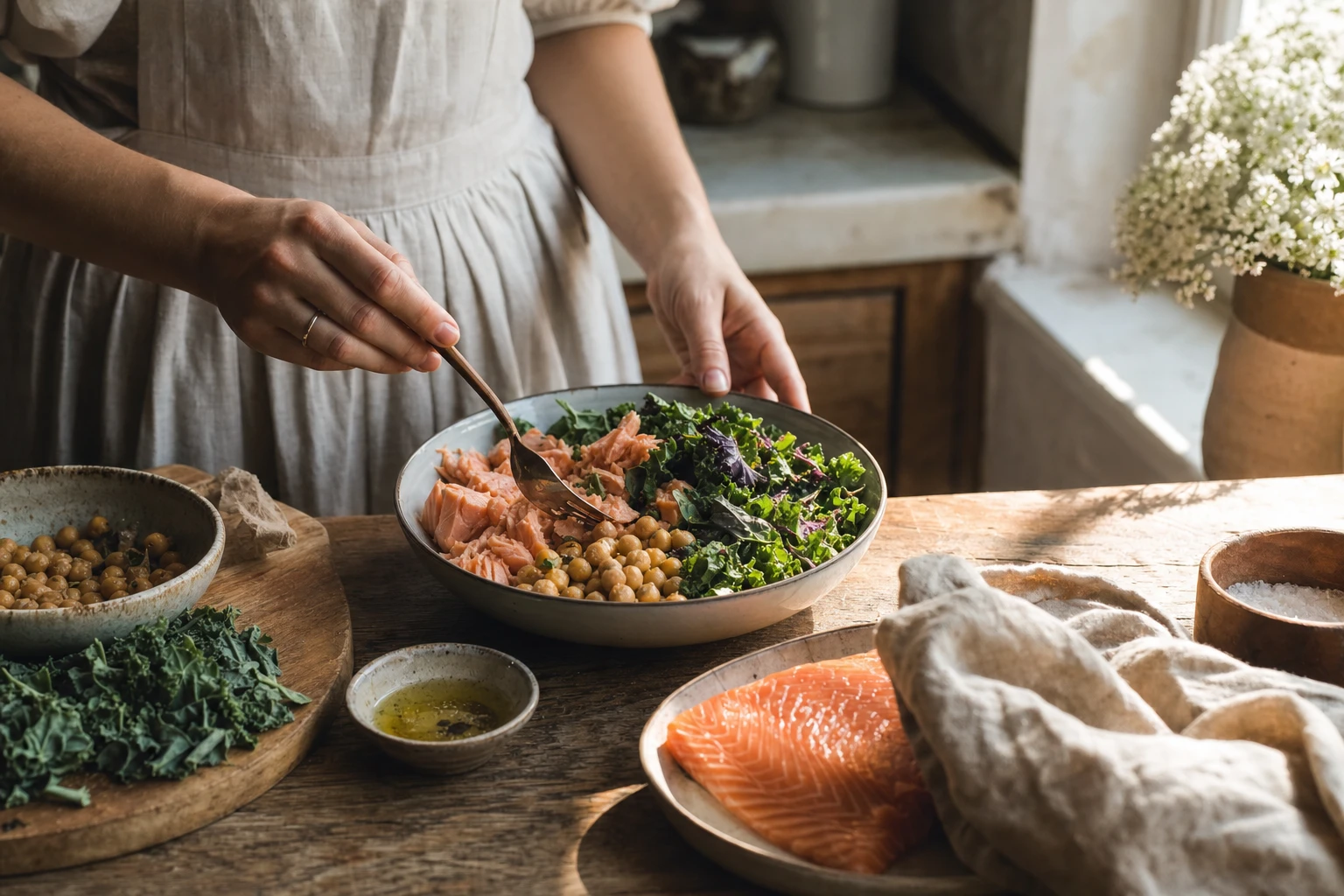 Chickpeas, salmon, and leafy greens