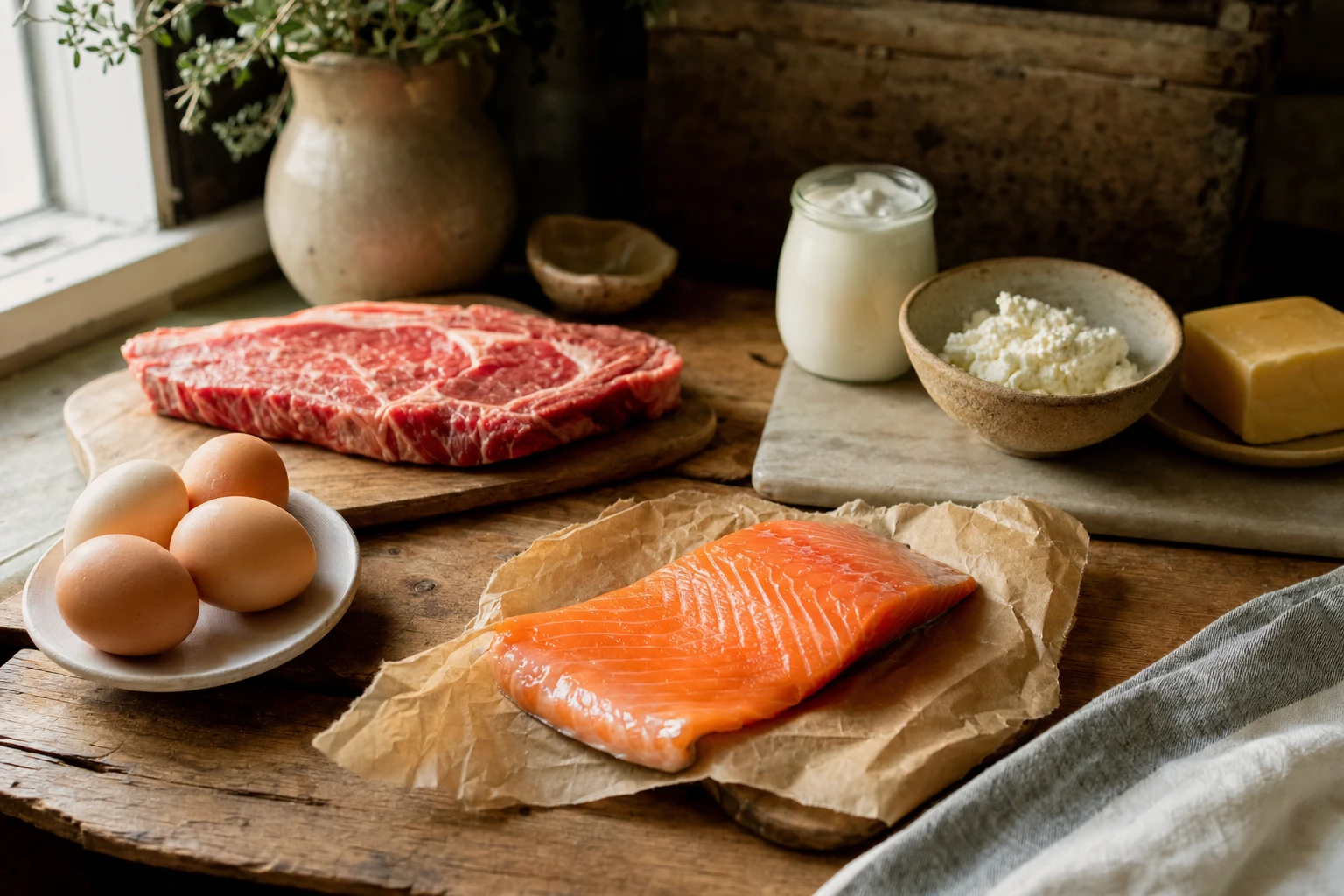 Beef, eggs, salmon, and full-fat dairy