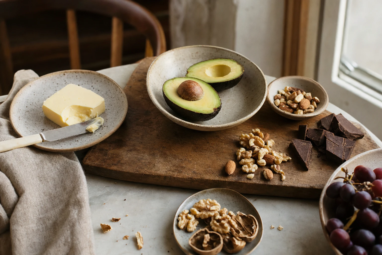 Butter, avocado, nuts, and chocolate