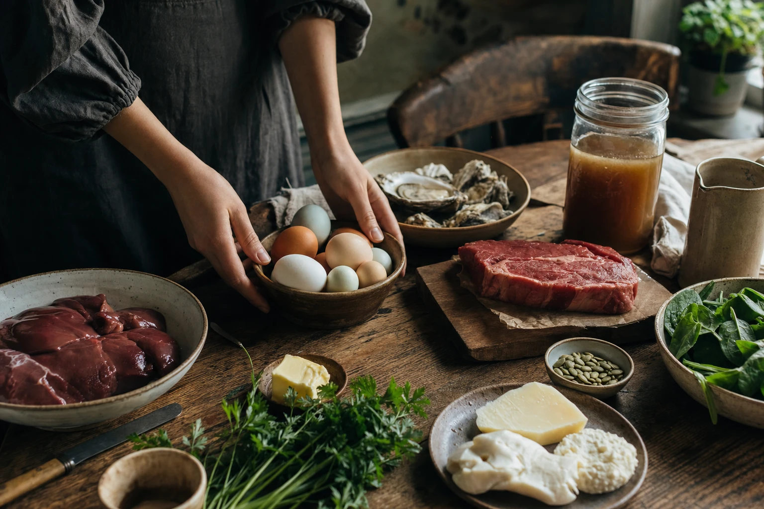 Variety of hair-supporting foods on a table