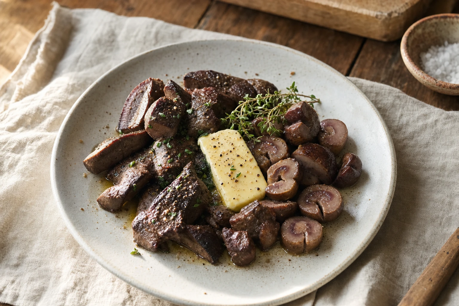 Plate with cooked liver, kidney, and butter