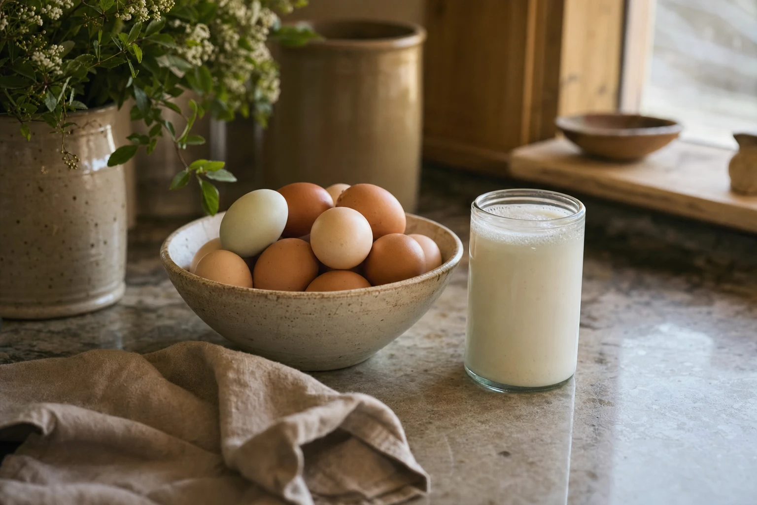 Fresh eggs in a bowl and glass of raw milk