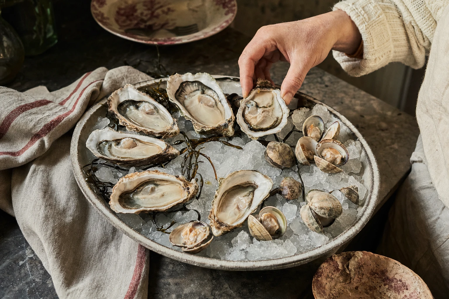 Fresh oysters and clams on ice