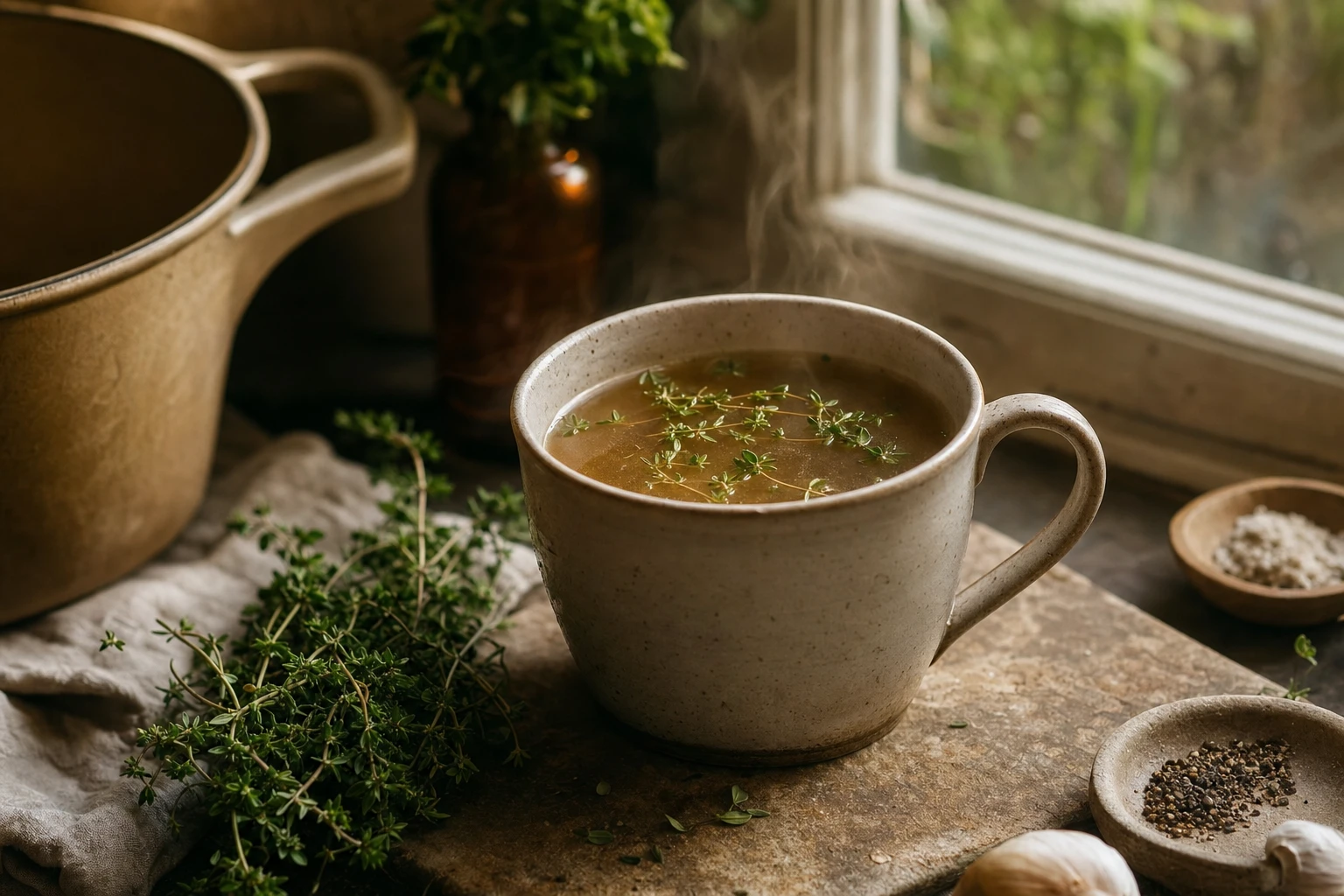 Steaming mug of bone broth with herbs