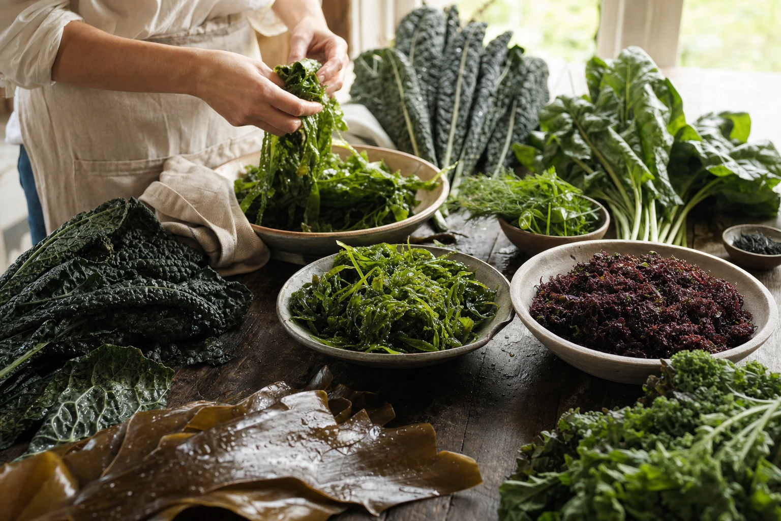 Colourful array of leafy greens and sea vegetables