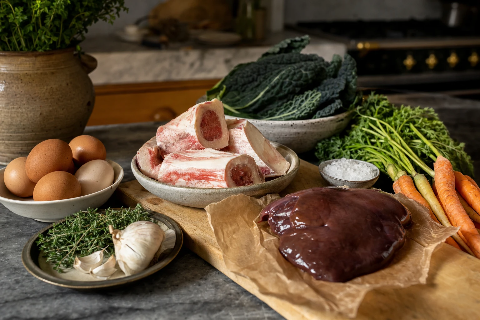 An Organised blend in its packaging surrounded by whole foods: bone, liver, vegetables on a natural surface