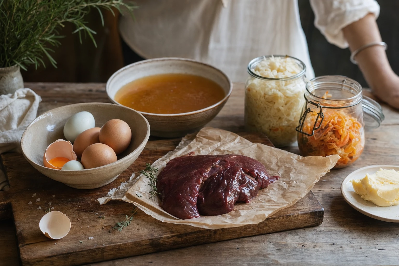 A collection of nutrient-dense whole foods: bone broth, liver, eggs, fermented vegetables arranged on a wooden board