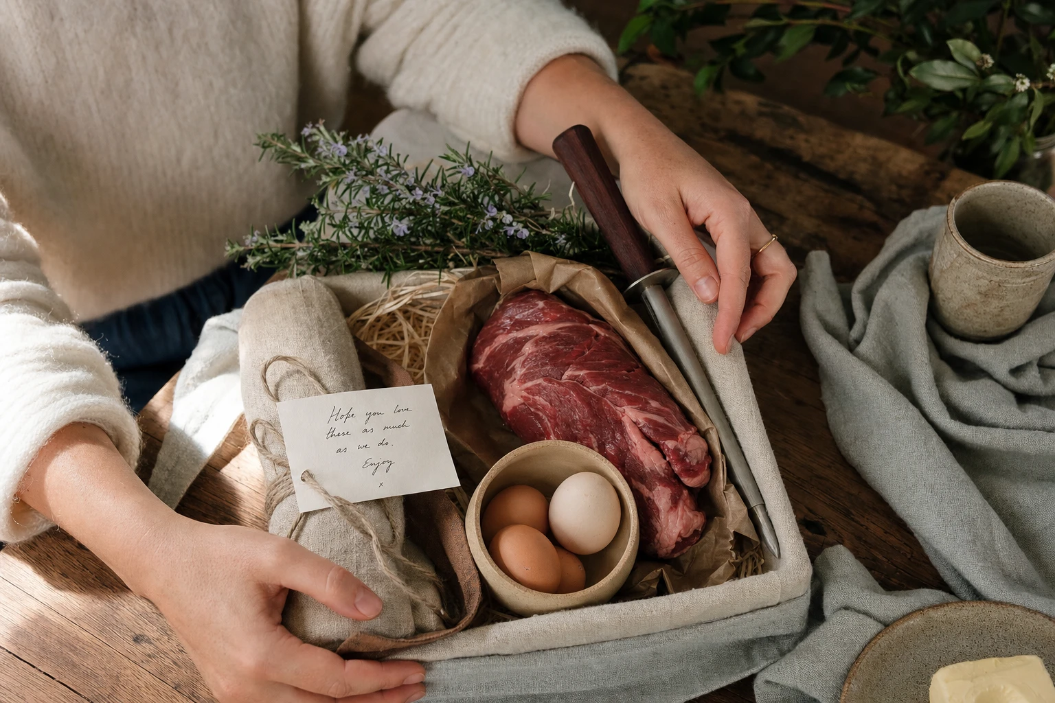 A beautifully arranged gift set: whole food nutrition, a quality kitchen utensil, and a handwritten note