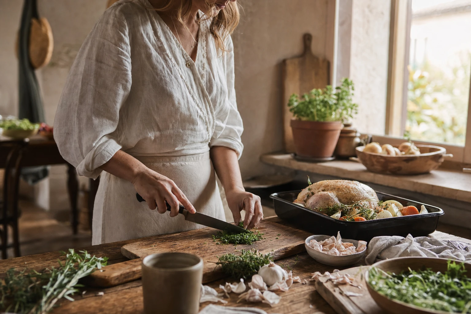 Home kitchen, real cooking happening, garlic, herbs, cutting board