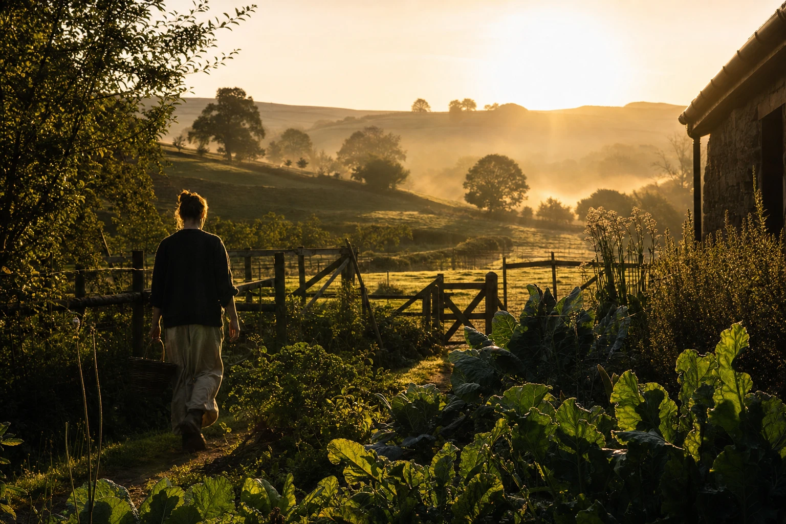Sunrise over landscape, golden light, peaceful