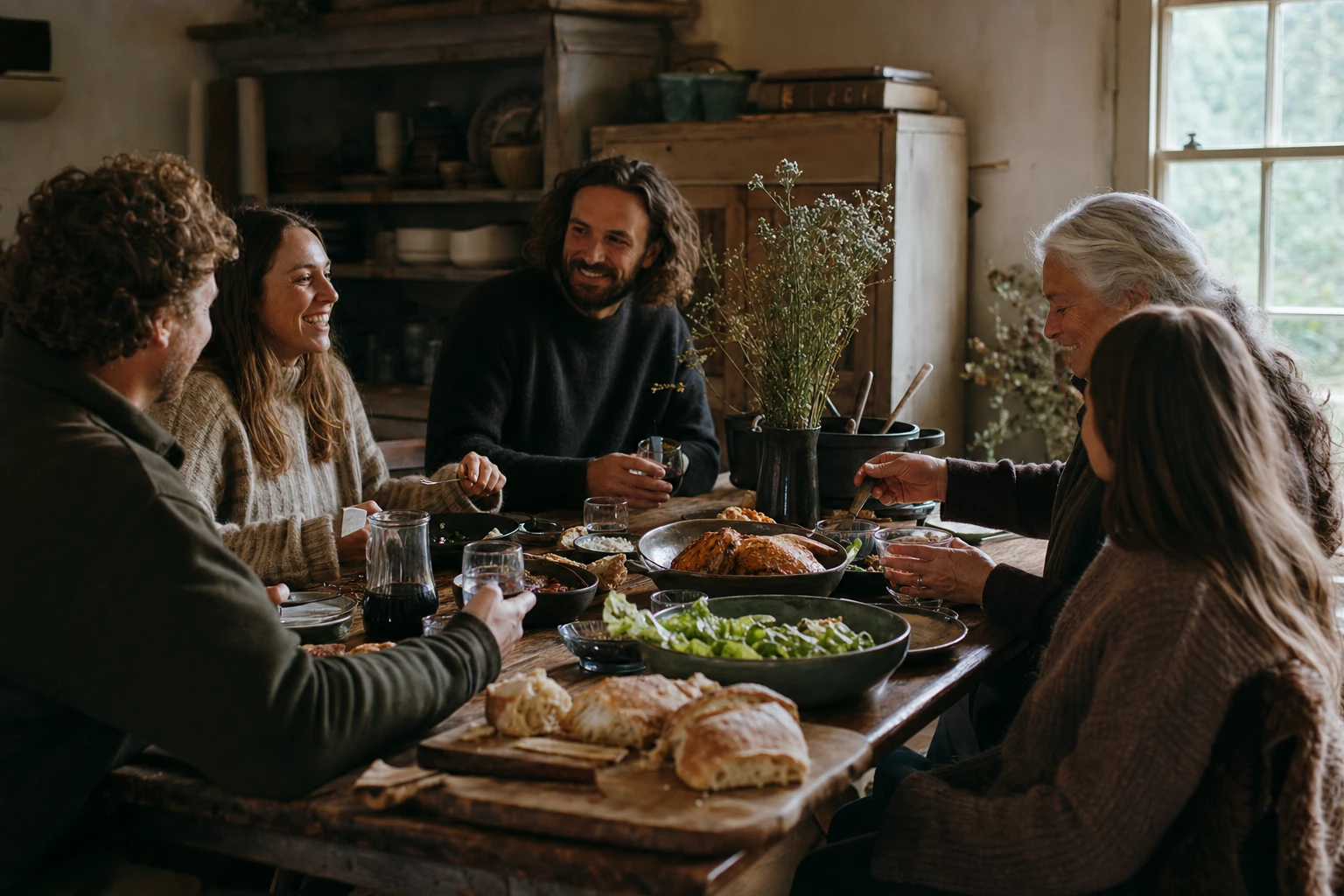 People gathered around a table eating, conversation, connection