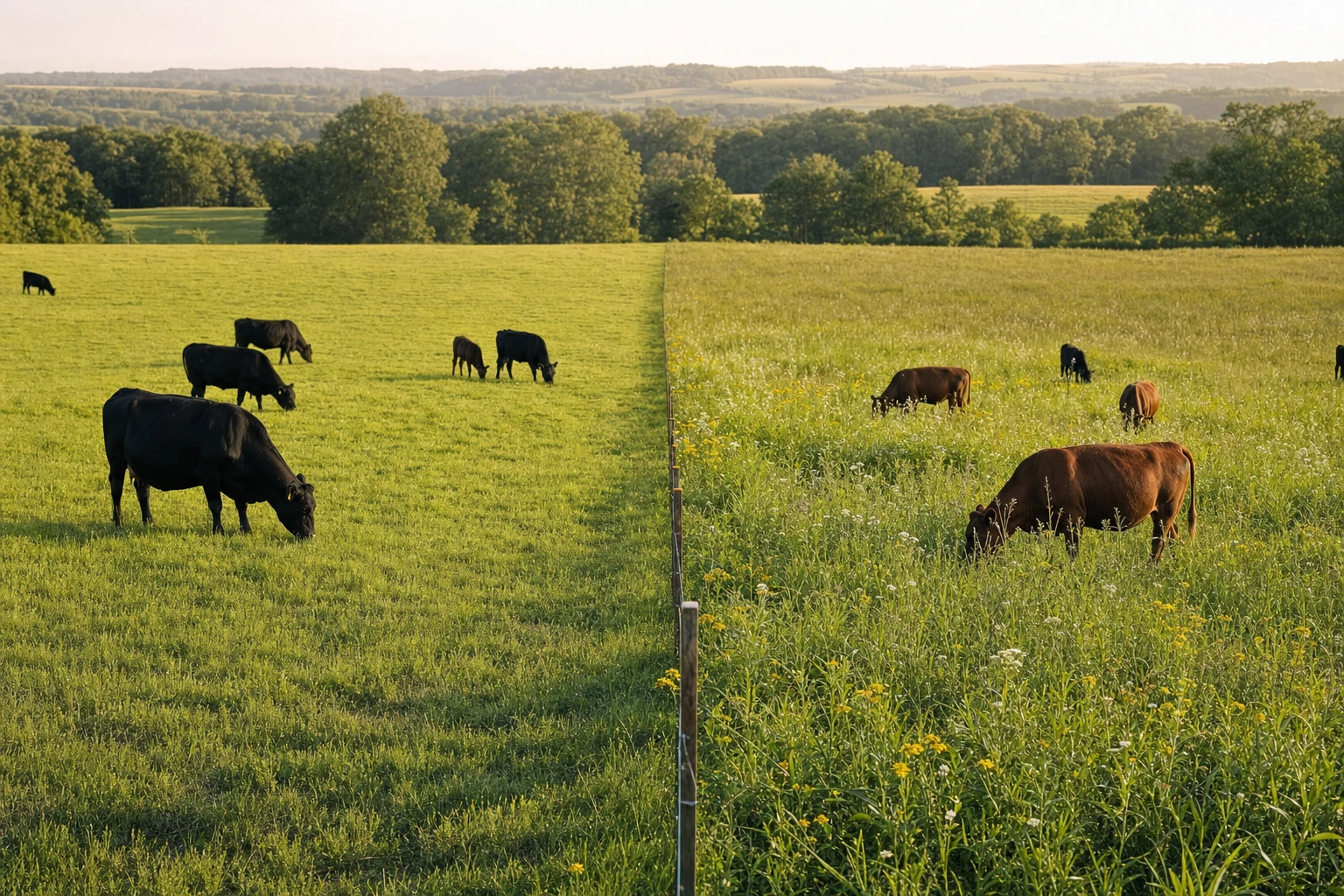 Split screen showing monoculture pasture vs diverse polyculture pasture