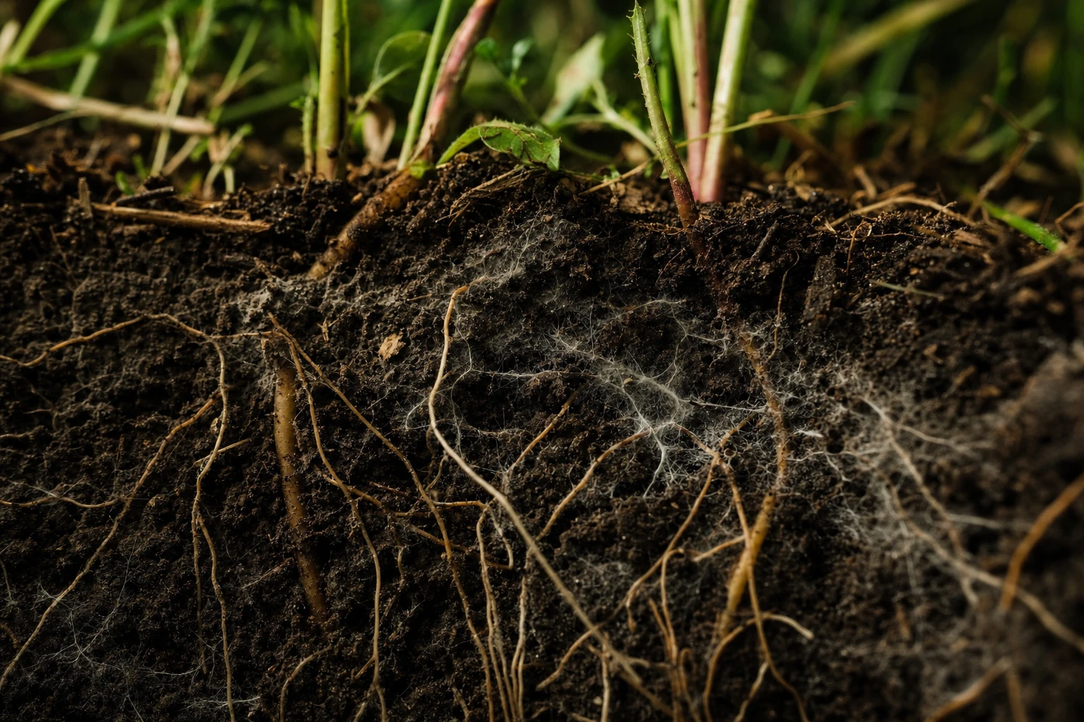 Soil showing intricate fungal networks connecting plant roots