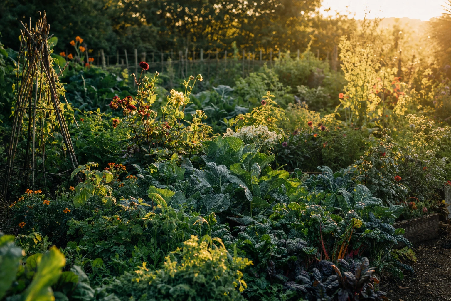 Garden with multiple types of vegetables, flowers, and plants in mixed beds