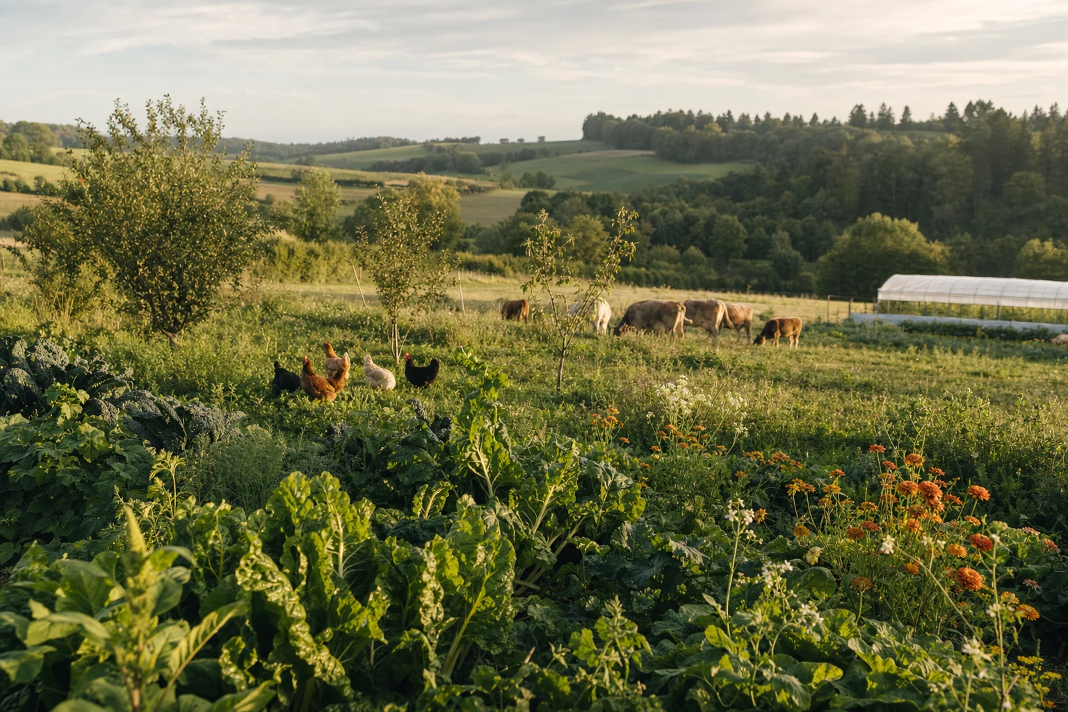 A biodynamically managed farm with diverse crops, animals, and green hedgerows