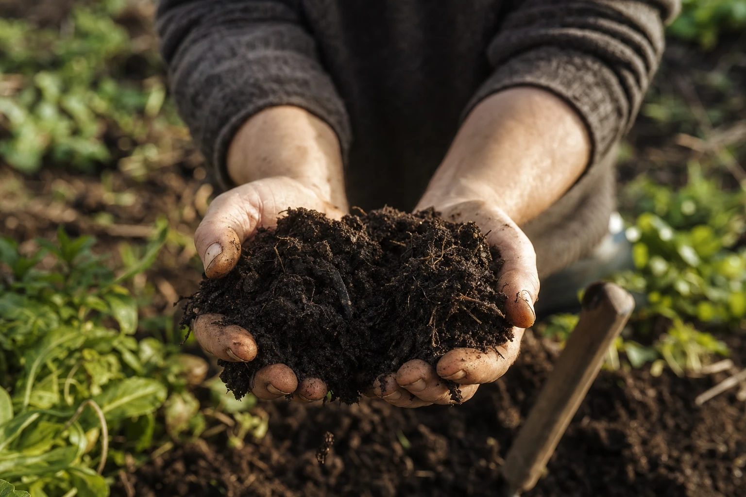 Hands holding dark, rich biodynamically managed soil