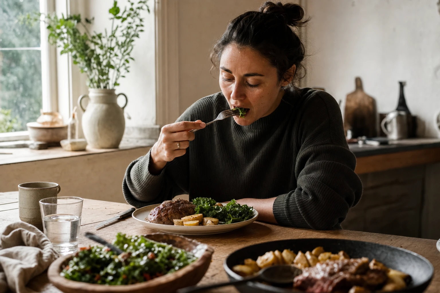 Person eating mindfully vs. distracted eating