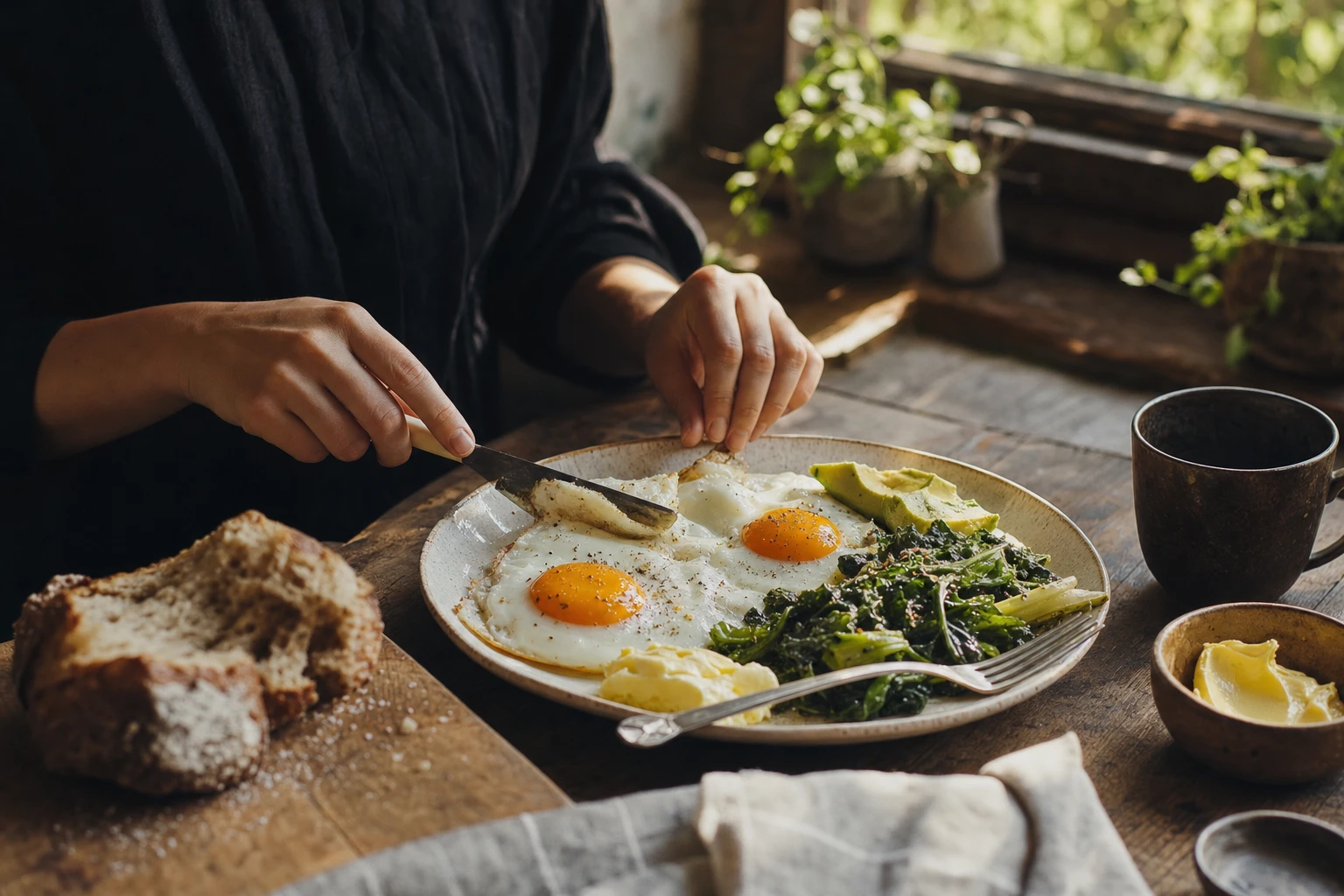 A protein-rich breakfast with eggs, butter, and vegetables