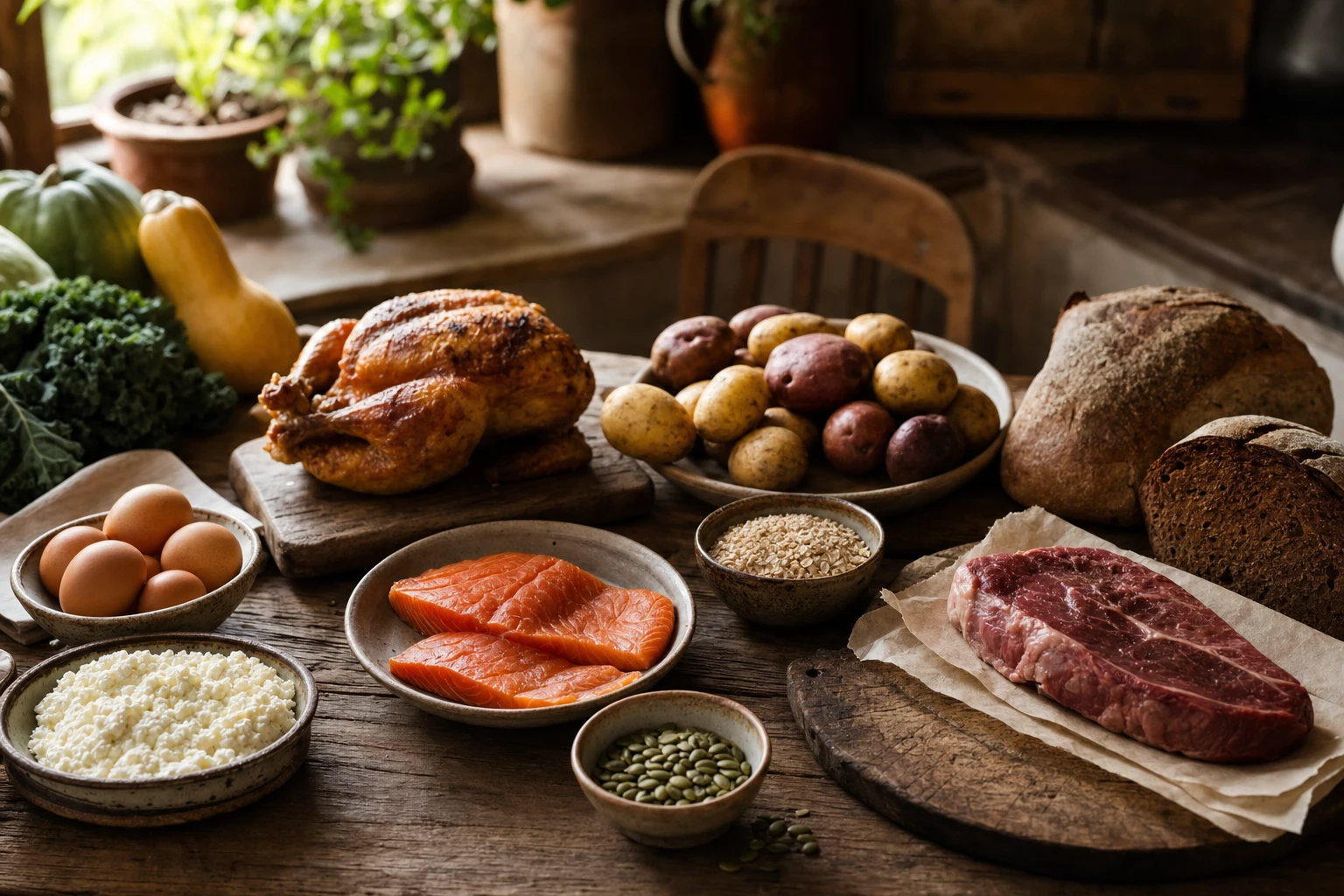 A variety of whole foods showing protein, fat, and complex carbohydrate sources