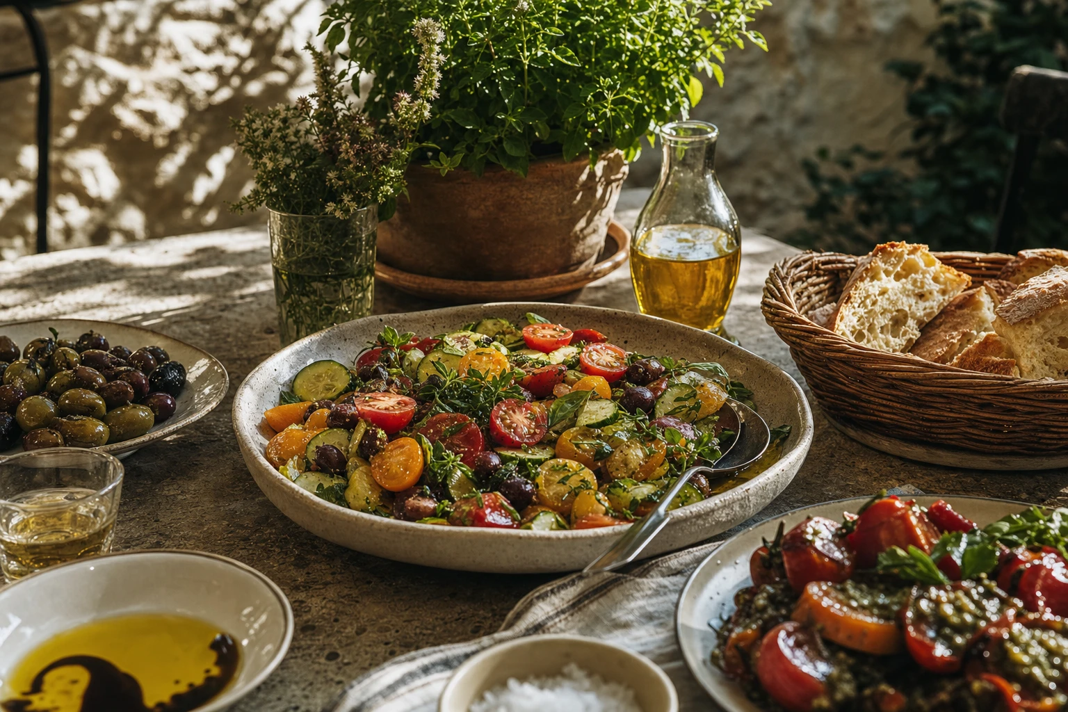 Mediterranean food spread with olive oil, herbs, vegetables