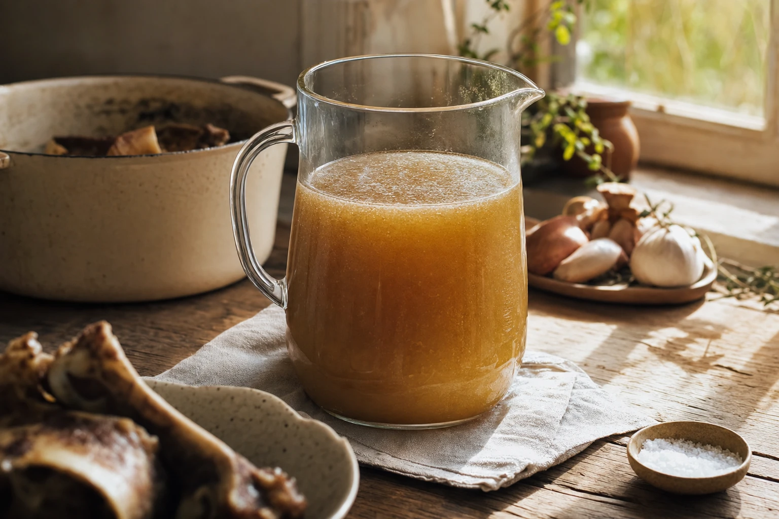 Large glass jug of golden, gelatinous bone broth with visible shimmer on surface