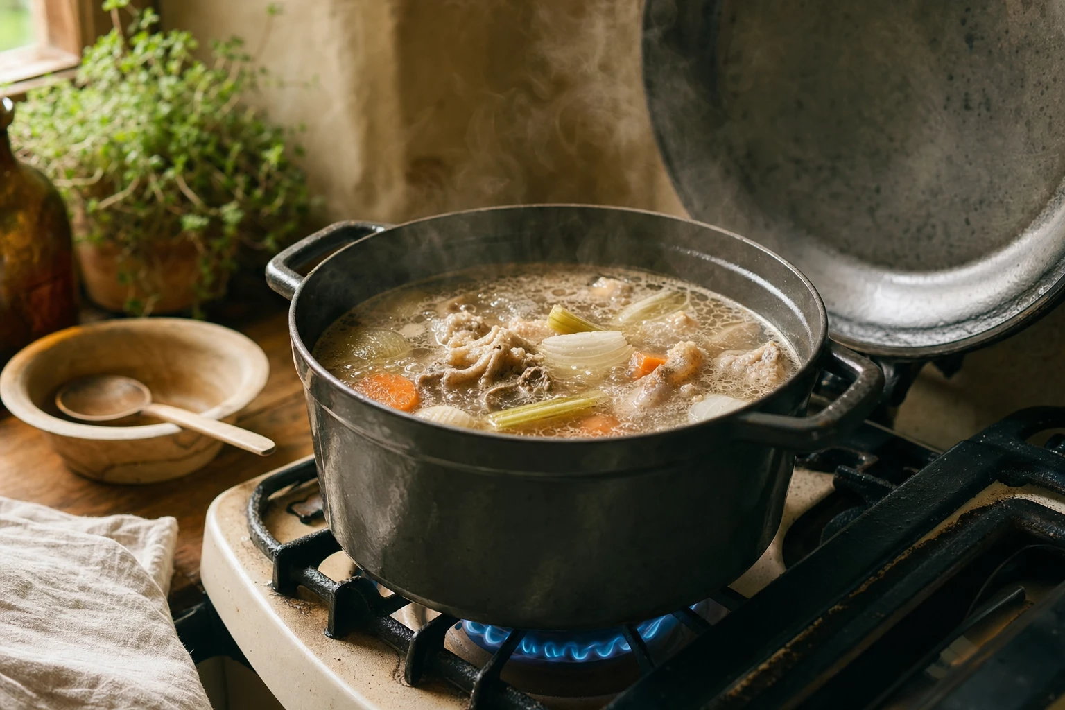 Pot of simmering broth on a low hob flame, steam rising gently