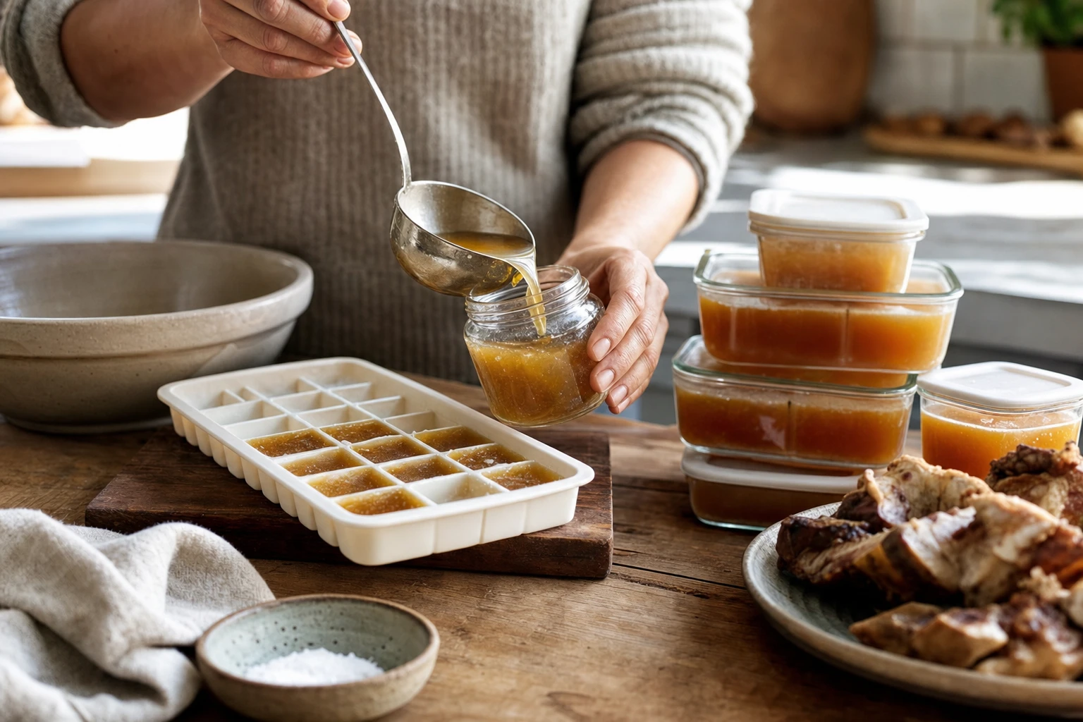 Several portions of frozen broth in ice cube tray and labelled glass containers