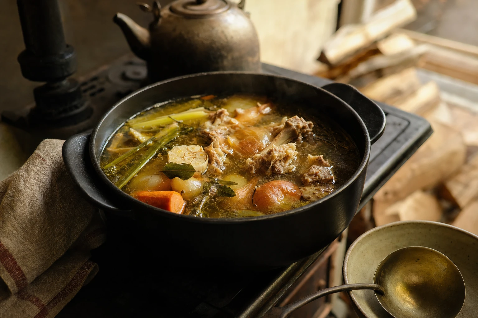 A slow cooker or pot simmering with golden bone broth, bones and vegetable scraps visible