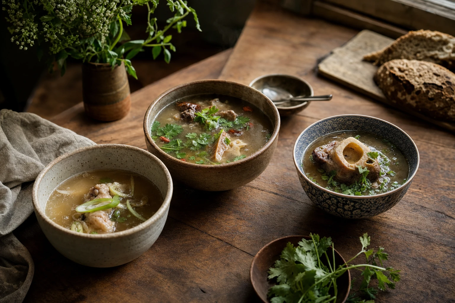 Traditional bone broth bowls from different cultures, steaming, with herbs or garnishes