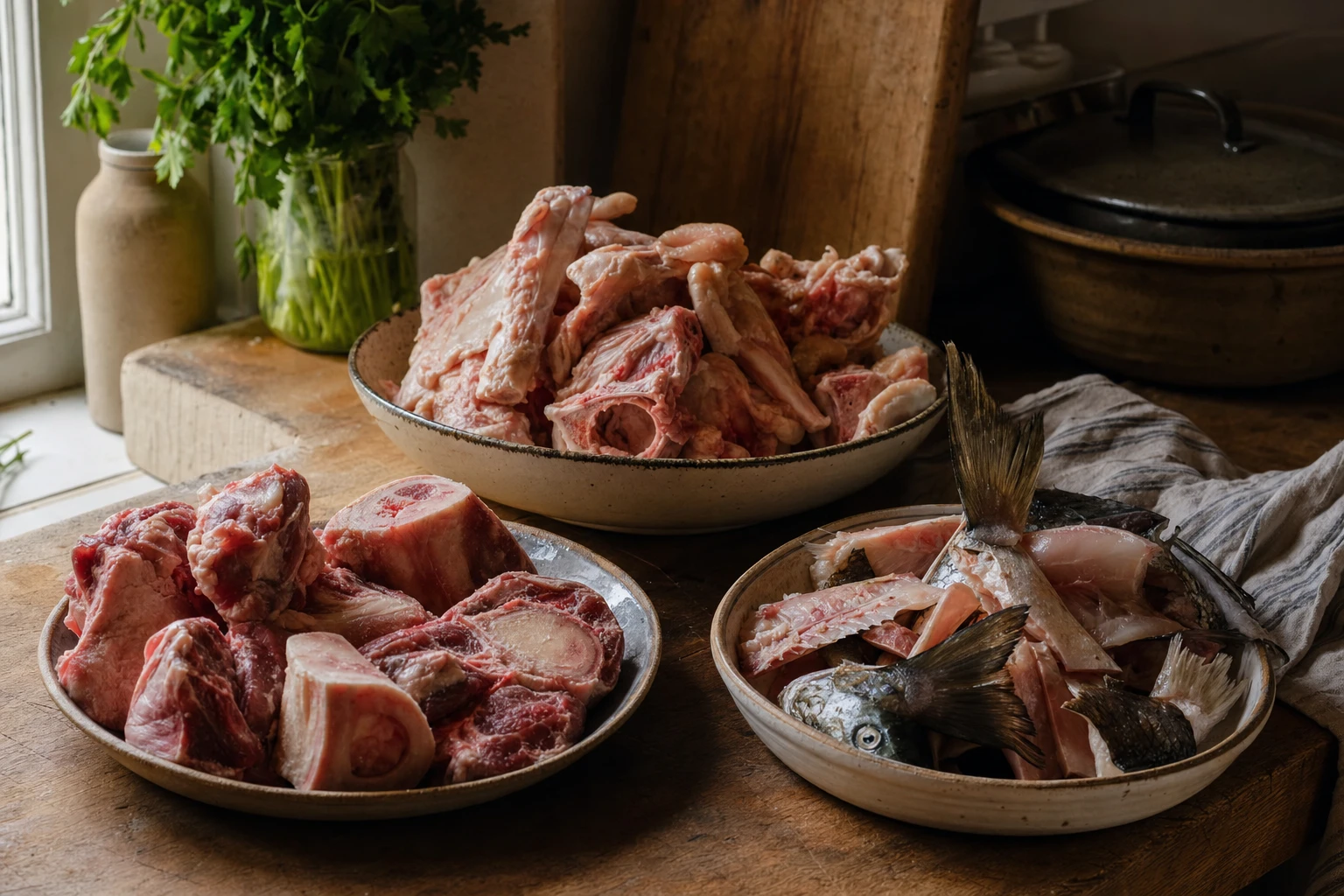 Raw bones of different types (beef, chicken, fish) ready for broth
