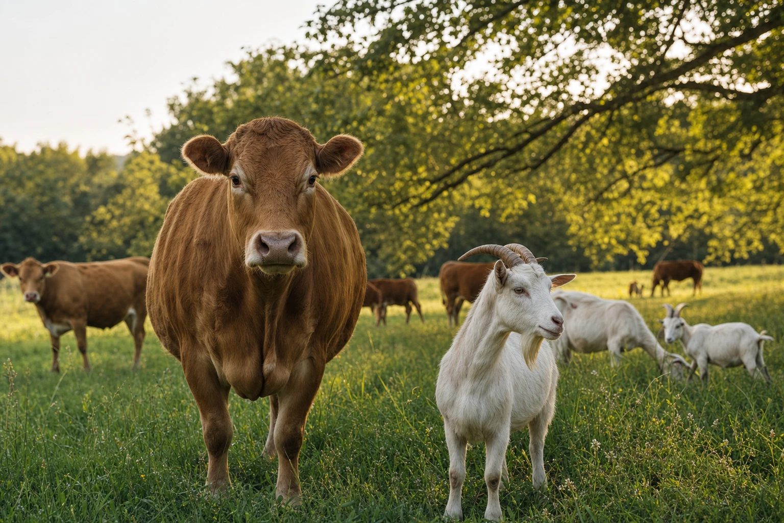 Cows and goats side by side in pasture