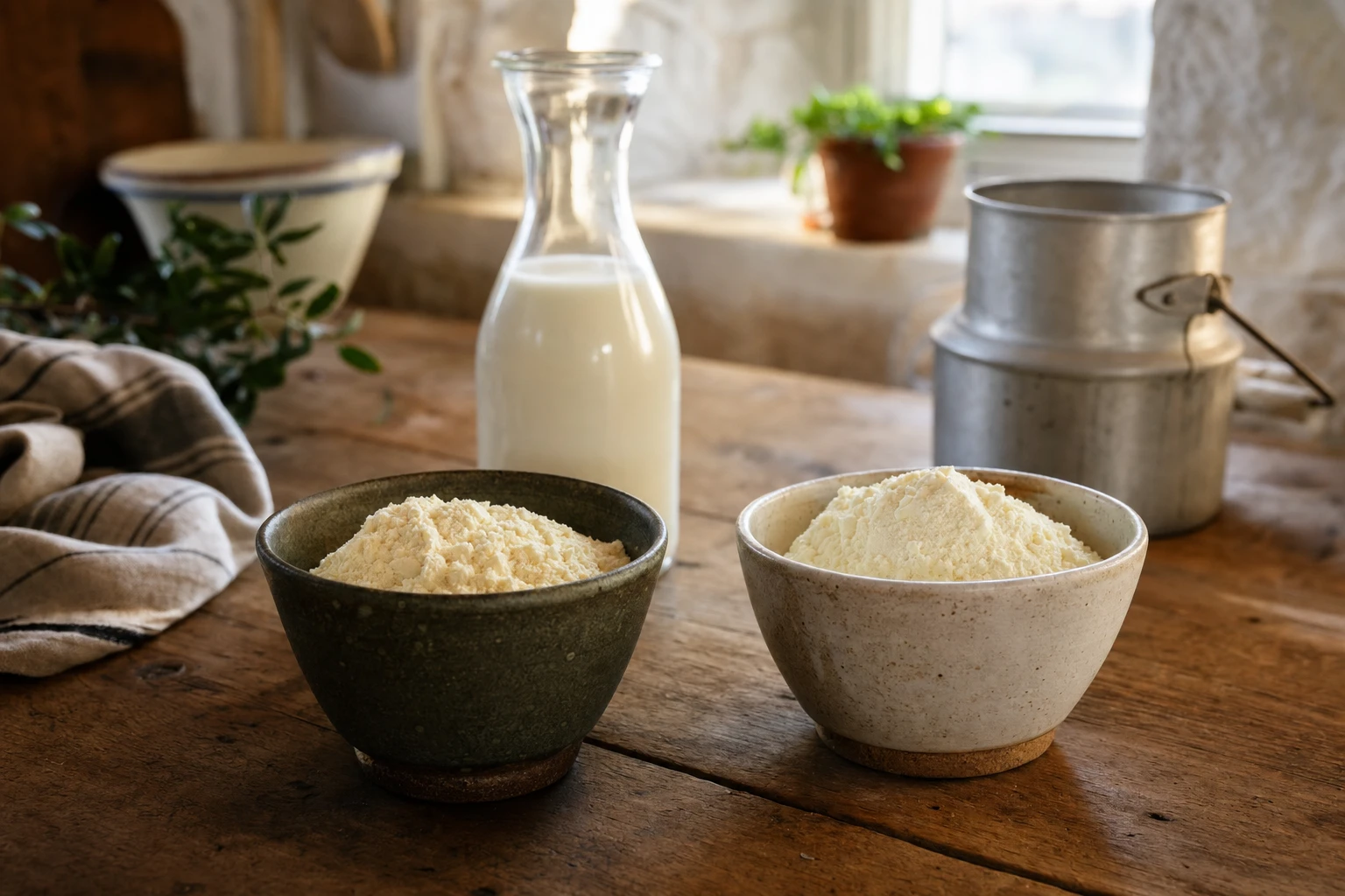Bovine colostrum powder and goat colostrum powder in separate containers