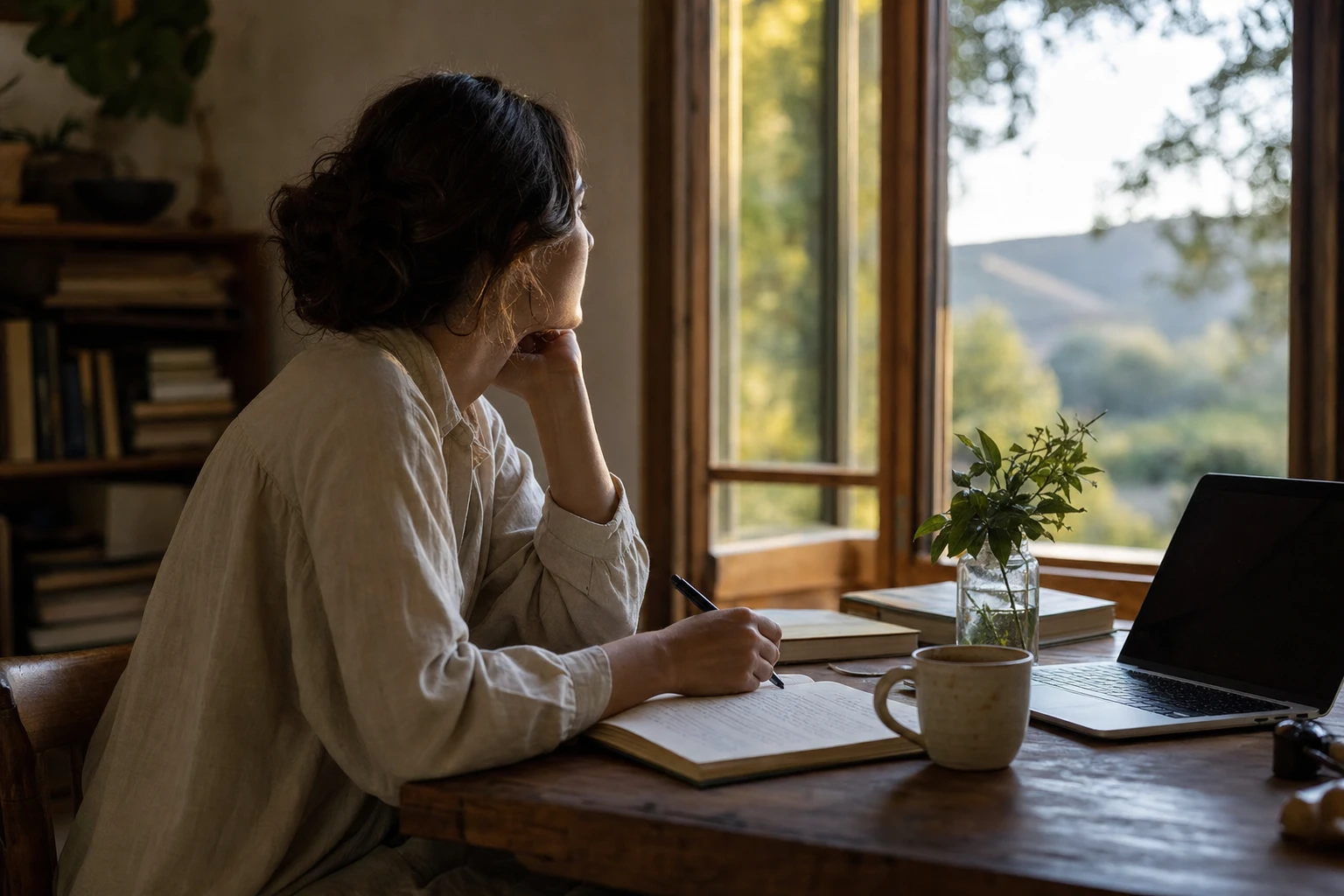 Person at desk looking out window with blurred background, coffee nearby