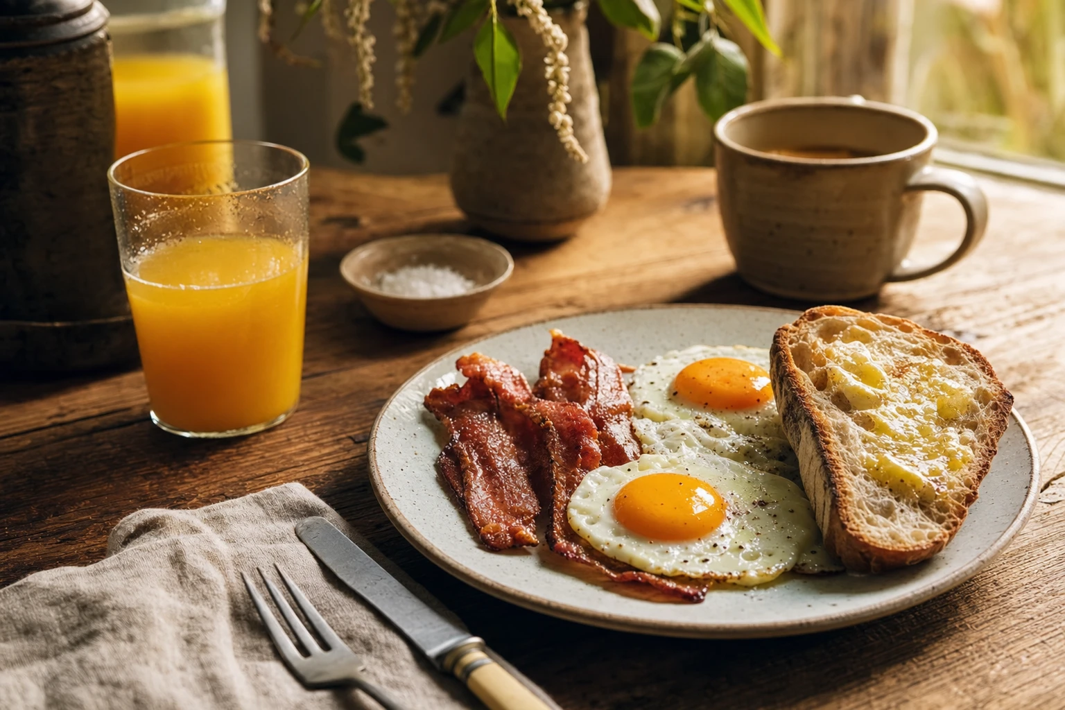 Breakfast plate with eggs, bacon, toast, orange juice