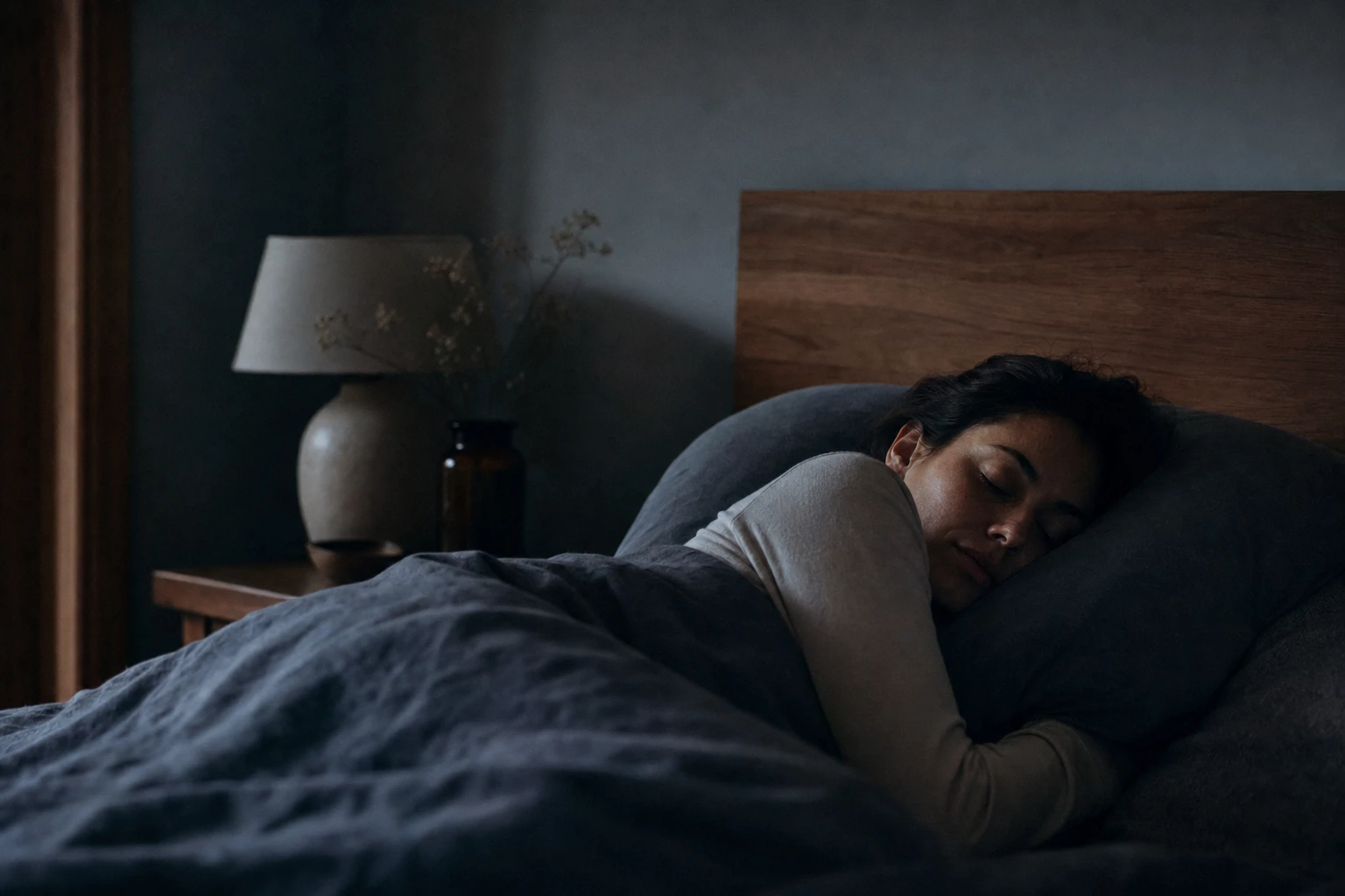 Person sleeping peacefully in dark bedroom