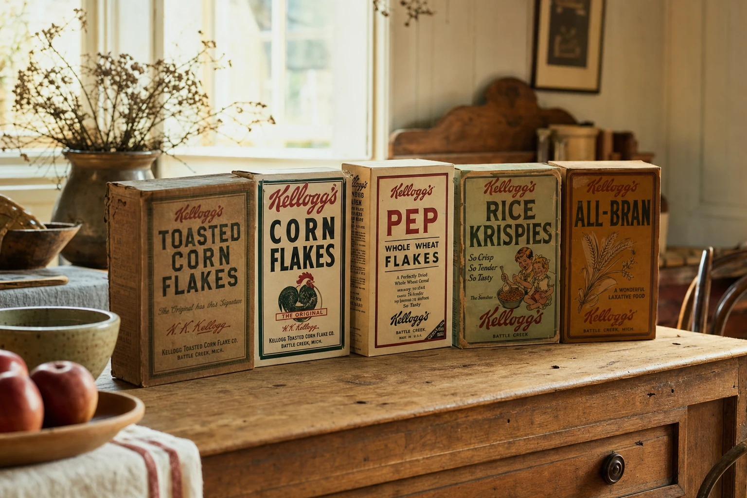 Historical Kellogg's cereal boxes from early 1900s showing marketing evolution
