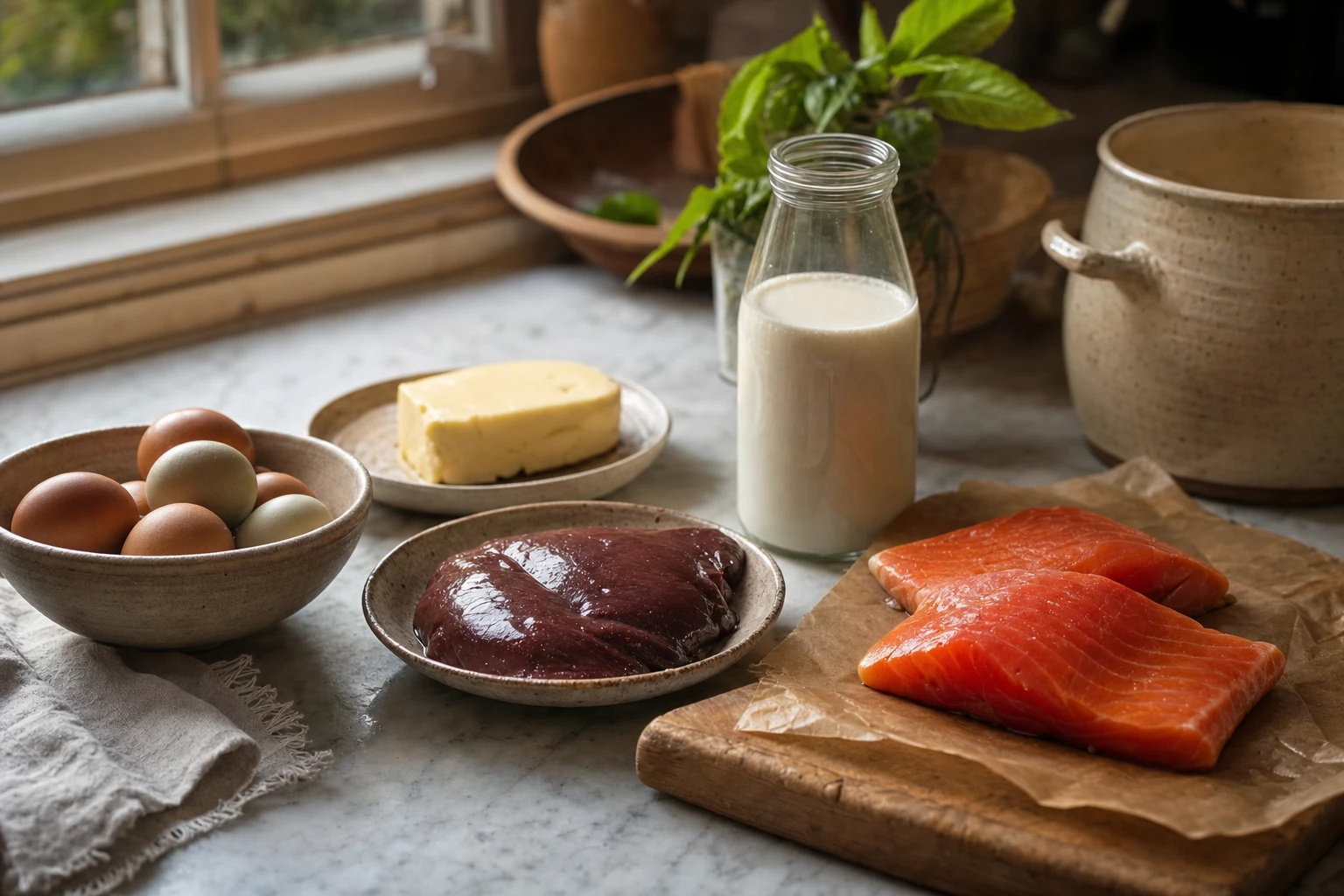Nutrient-dense foods arranged on a kitchen counter: eggs, liver, butter, full-fat milk, salmon
