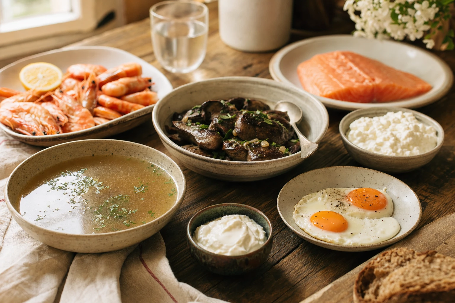 Bowls of different nutritious foods: bone broth, cooked liver, seafood, eggs, dairy products