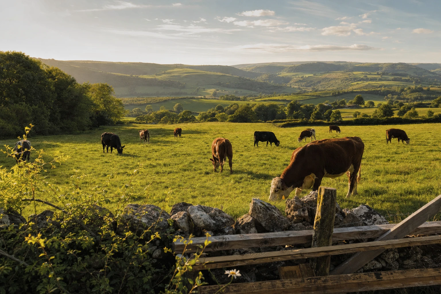 Rolling green hills of British countryside with cattle grazing