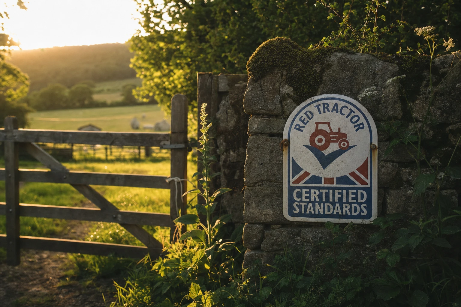 Red Tractor certification mark displayed on a farm sign