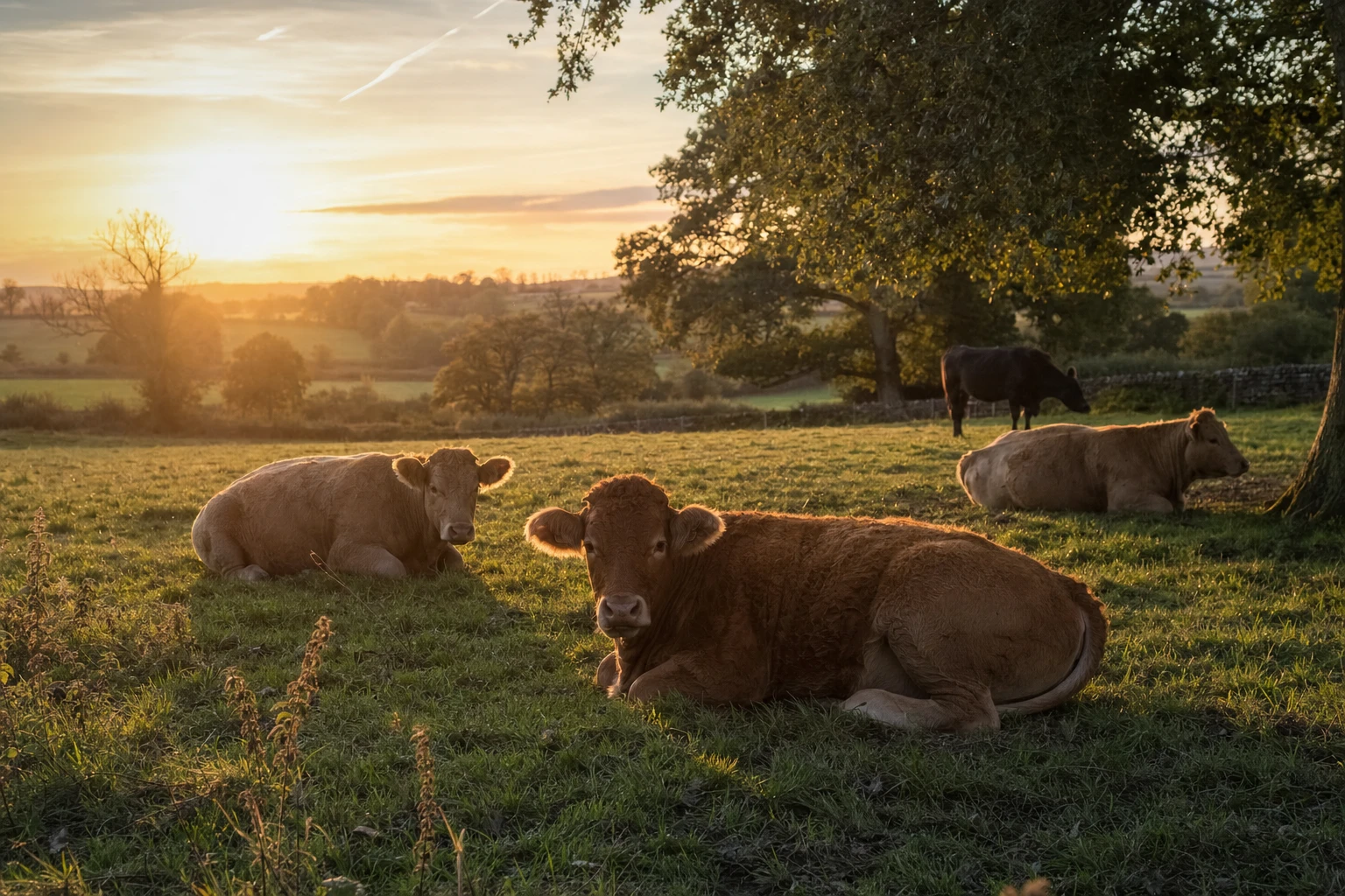 A peaceful British farm scene with cattle resting in a field at sunset
