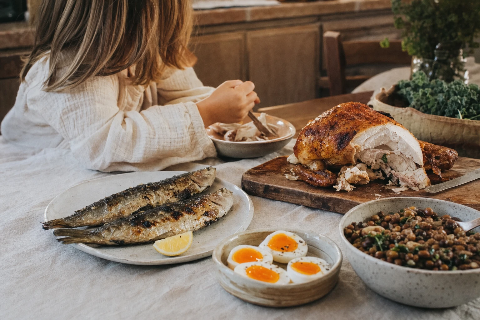Grilled fish, eggs, chicken, and legumes