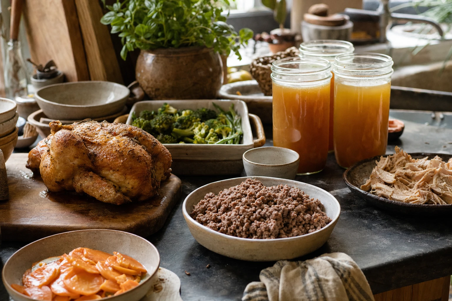 A kitchen counter with various prepared components: roasted chicken, ground beef, steamed vegetables, and jars of bone broth