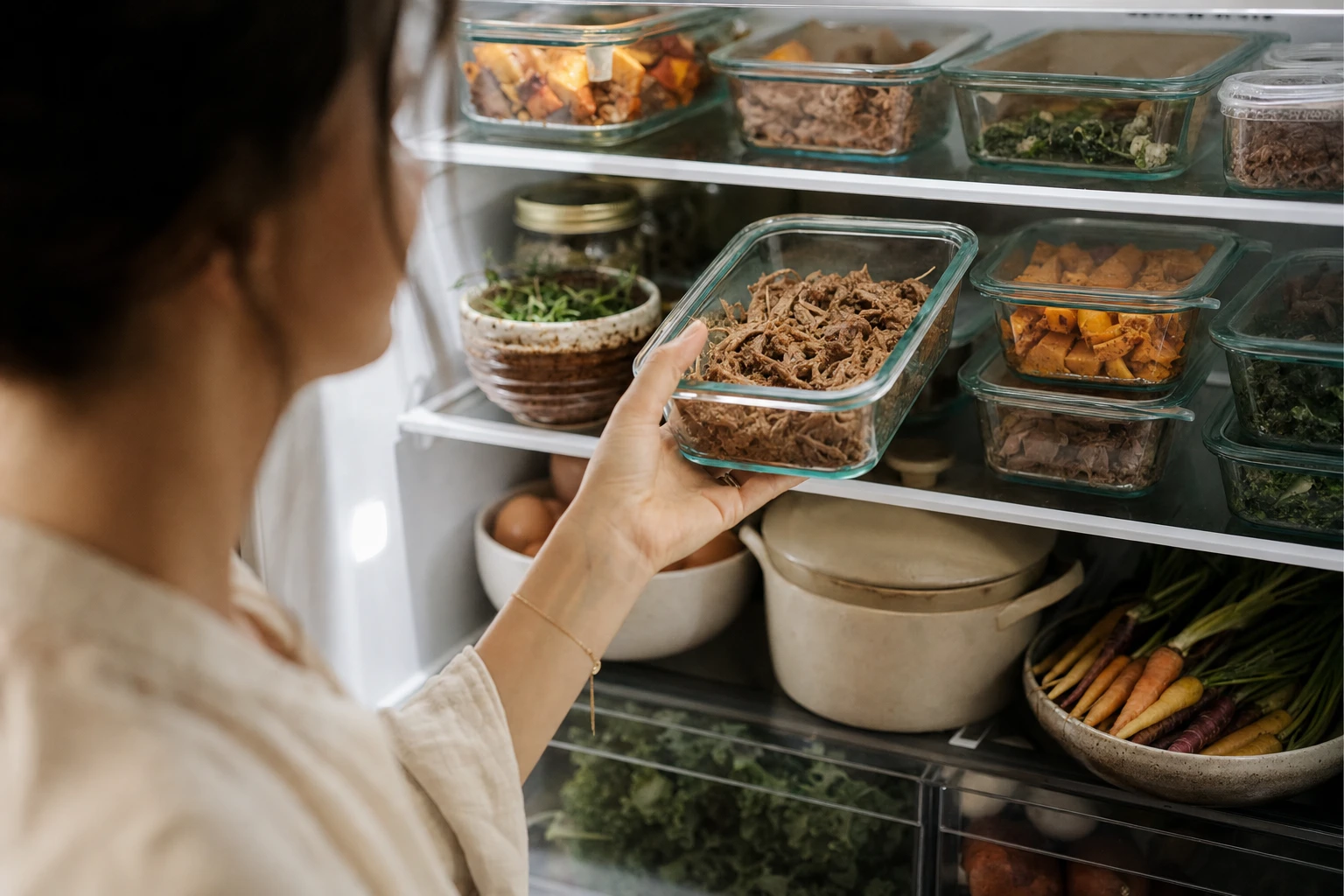 Containers of prepared proteins and vegetables arranged in a fridge