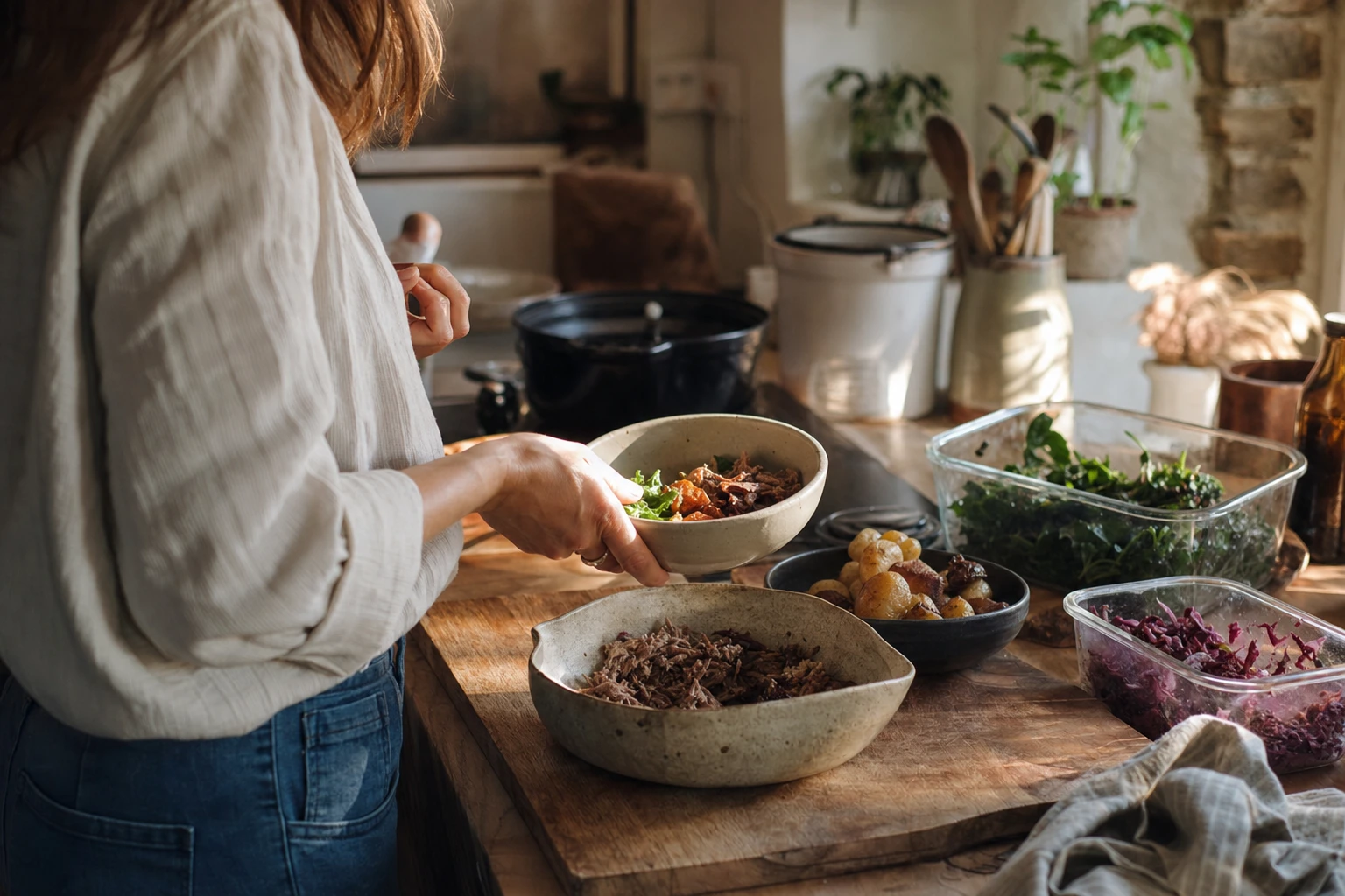 Assembling a quick weeknight meal from batch-cooked components